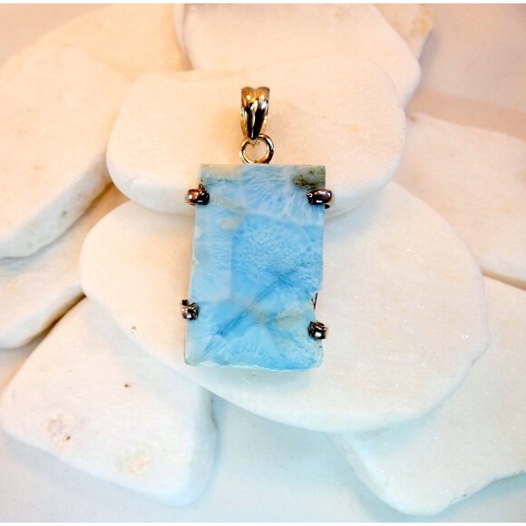 Larimar Rough  Free Form Sterling Silver Pendant  Caribbean Stone Dolphin Stone - Picture 5 of 10